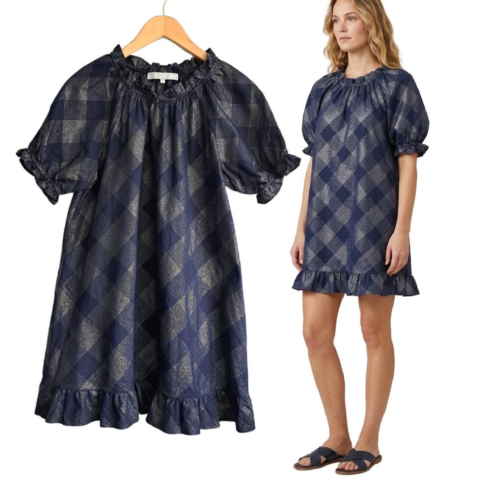 HILL HOUSE Home Navy Silver Metallic Plaid Katherine Nap Mini Dress Medium